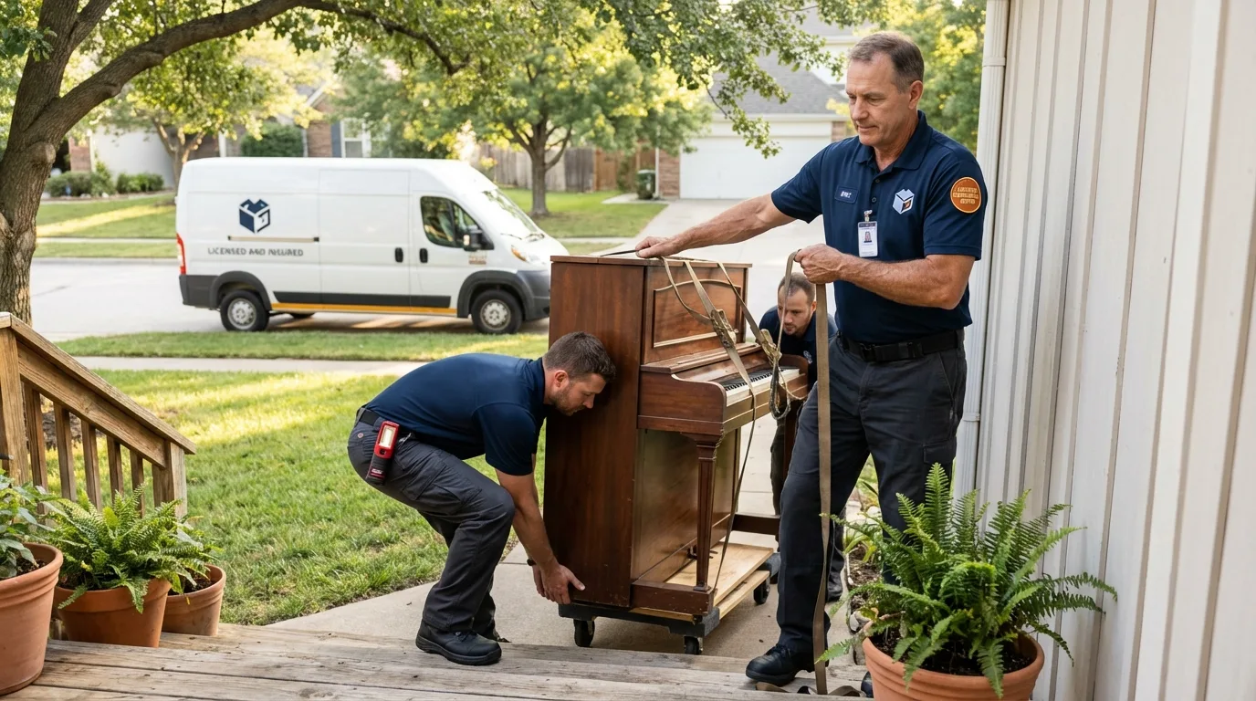 Licensed piano movers securing grand piano in Ballwin, MO