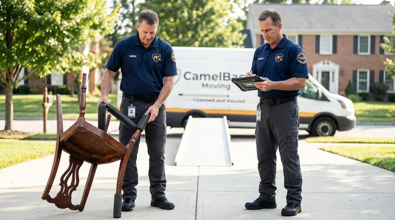 Movers inspecting furniture for damage prevention before loading in Ballwin, MO