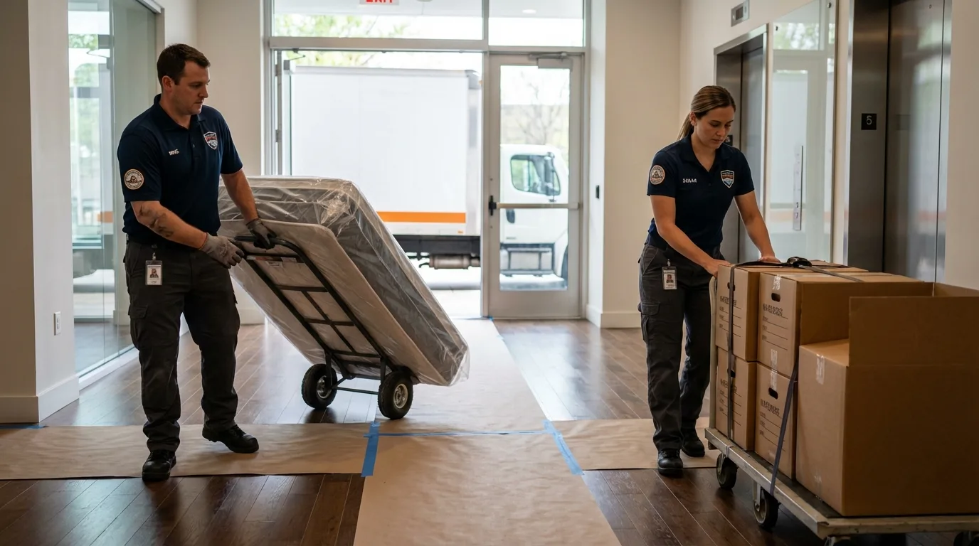 Professional apartment movers loading elevator in Ballwin, MO
