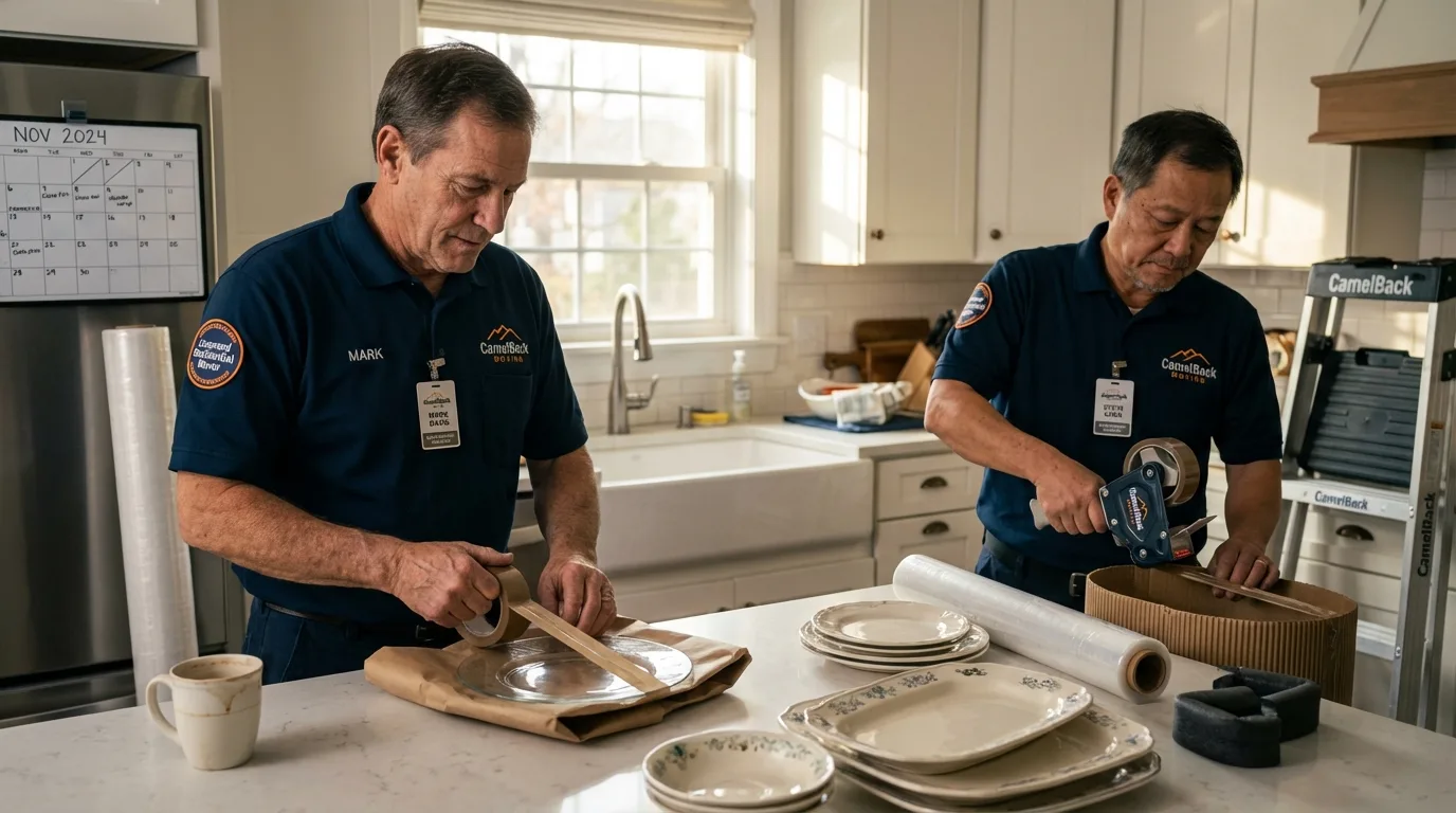 Professional crew packing kitchen dishware in Ballwin, MO